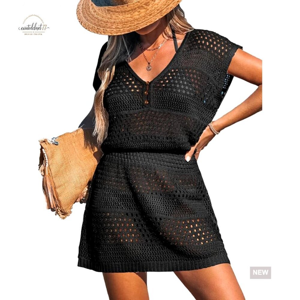 Crochet Hollow Out Swimsuit Coverup Dress Short Sleeve Button Front